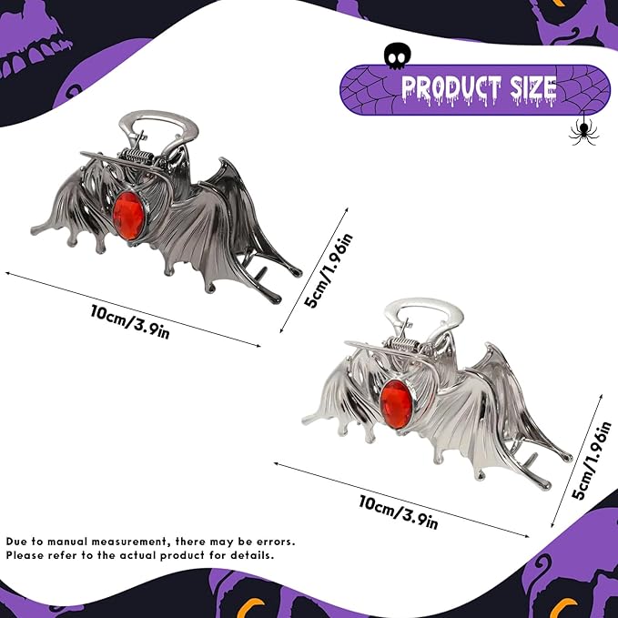 2 Pcs Halloween Hair Clips for Women, Horror Bat Hair Claw Clips, Black & Silver Metal Claw Clips with Bat Wings Design, Cosplay Party Hair Claw, Halloween Hair Accessories for Thick and Thin Hair