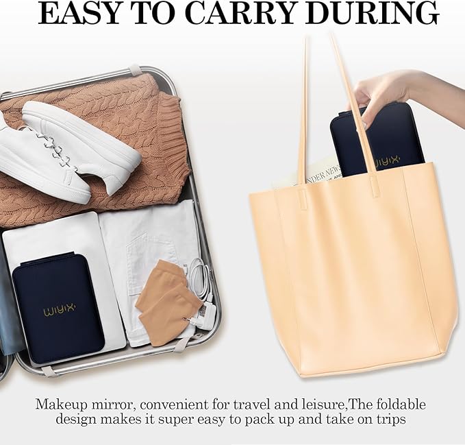 Foldable Travel Makeup Mirror, Adjustable Angle Portable Standing Vanity Mirror, Compact PU Leather Design for Home/Camping/Desktop Use,Classic Black (8.4"x6")