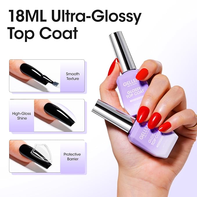 GELLEN 2 Pcs No Wipe Gel Top Coat Set, 18 ml Glossy Top Coat Gel Nail Polish, High Shiny Soak Off UV Lamp Clear Nail Polish, Home Salon Manicure Set