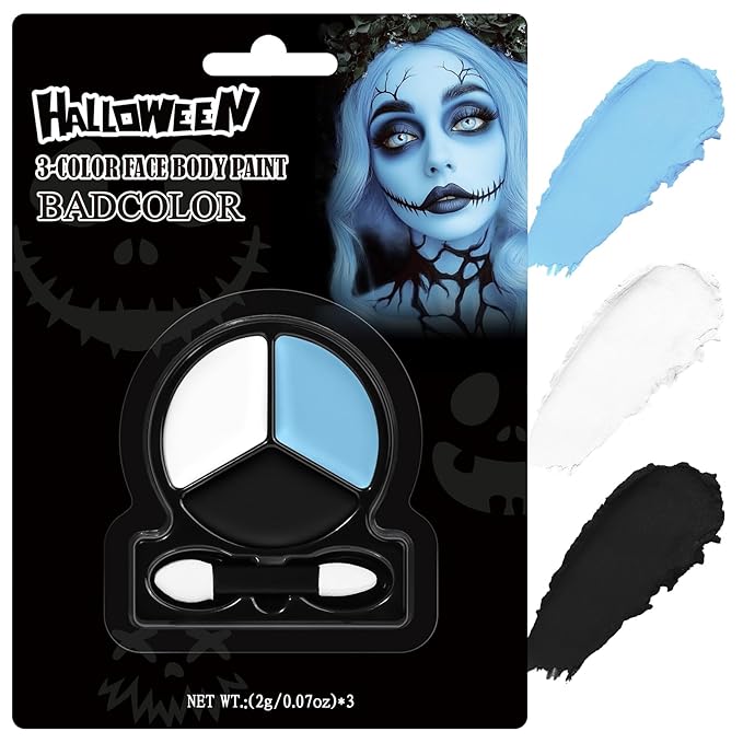 White Black Light Blue Face Body Paint with Applicator, Oil Based Face Painting Kit for Halloween Dead Bride, Blue Alien, Scary Doll Makeup, Cosplay, Costume, SFX Special Effect and Theme Parties