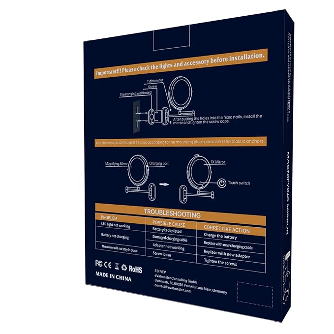 Rechargeable Wall Mounted Lighted Makeup Vanity Mirror 8 Inch Double Sided 1X 10X Magnifying Bathroom Mirror, 3 Color Lighting, Touch Screen Dimming, Extended Arm 360 Rotation Shaving Light up Mirror