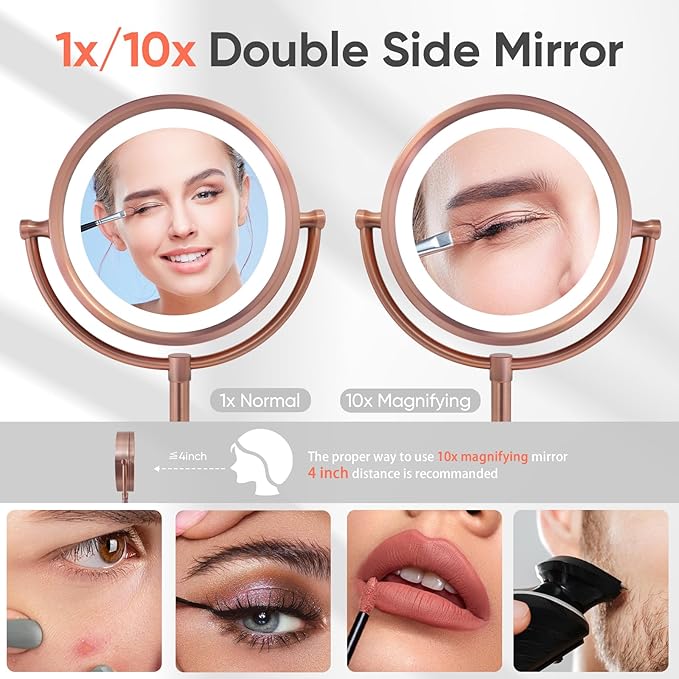 GURUN 8.5 Inch Tabletop LED Lighted Makeup Mirror with 10x Magnification Double Sided Vanity Mirror Plug Power Matte Rose Gold M2208D-8x10MR(8.5in,10x)