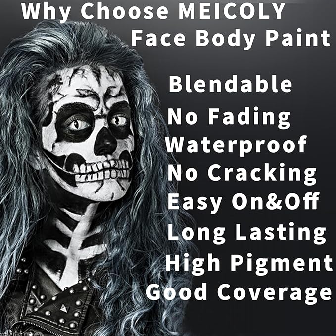 MEICOLY 6Pcs Halloween Makeup Kit,Black White Face Paint Clown White Makeup,Classic Pro Oil Based Face Body Paint for Adults and Kids, SFX Joker Zombie Vampire Skull Skeleton Cosplay,100g/3.53 oz