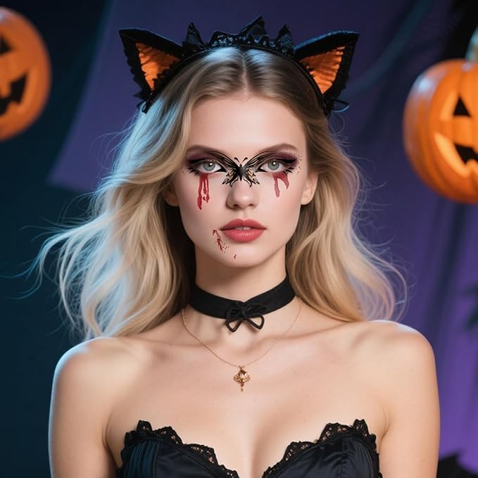Halloween Face Tattoo, Face Temporary Tattoos with Butterfly & Blood Tears Design, Face Temporary Tattoo Sticker, Halloween Makeup Tattoo Stickers for Adults Halloween Stage Masquerade Party 8Pcs