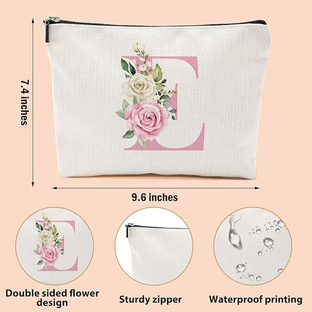Pink Monogram Makeup Bag, Initial E, Cosmetic Bag Personalized Travel Organizer Bags Makeup Pouch, Monogrammed Gifts for Women Girls Friend Sisters Niece Bridesmaid Wedding Bridal Shower Gifts
