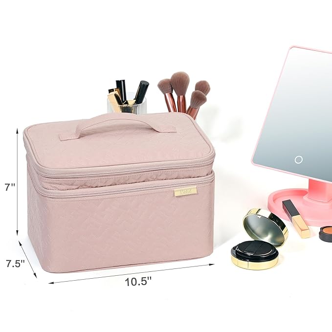 NISHEL Large Double Layer Travel Makeup Bag Women, Cosmetic Case, Organizer for Travel-Size Accessories Bottles, Brushes, Conditioner, and Skin Care Products, Pink
