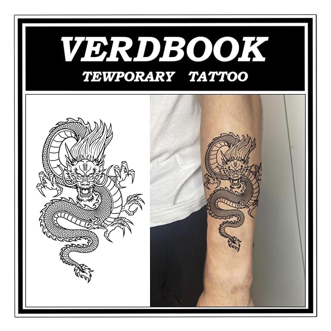 Waterproof Temporary Tattoos: 2-Sheet Tattoo Kit with Realistic Body Stickers, Semi-Permanent Tattoos for Adults Lasting 7-15 Days – Safe for Men & Women, Classic Dragon Pattern