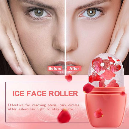 XHJRI Ice Face Roller Massager,Ice Cube Roller for Face, Eyes and Neck Naturally Conditioning and Skin Care,De-Puff Eye Bags,Reduce Migraine Pain,Reusable Massage Silicone Ice Mold (New Pink)