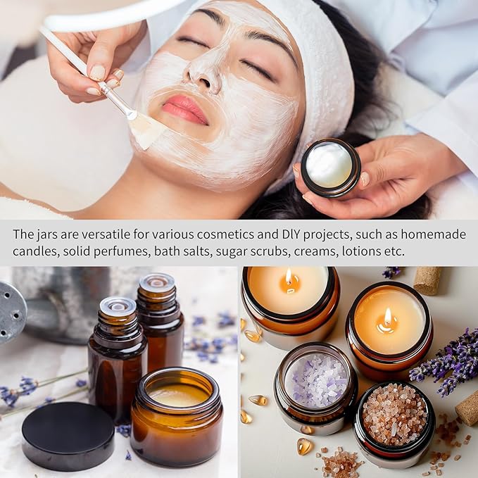 KEYWING 1oz Amber Glass Jars with Black Lids, 36 Pack Small Round Glass Cosmetic Jars with Inner Liners for Lotions, Cream, Powders and Ointments