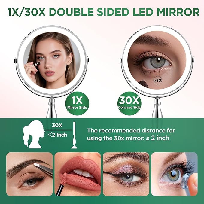 30x Magnifying Mirror, Lighted Makeup Mirror with 3 Colors Modes & Adjustable Brightness, 360° Rotation Double Side, Large Magnifying Vanity Mirror, Gifts for Women