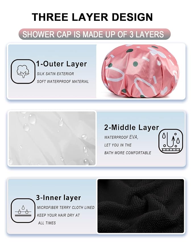 YIZIJIZI Triple Layer Reusable Waterproof Shower Cap for Women Large Terry Lined Hair Cap for Long Thick Hair Travel Bath Care Pink Flowers