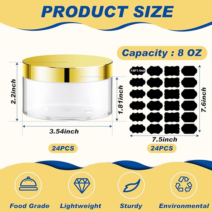 Dandat 24 Pcs 8 oz Plastic Jar Container with Lid and Label Refillable Empty Round Clear with Gold PET Cosmetic Sample Containers for Lotion, Cream, Ointments, Body Butter, Makeup, Travel Storage