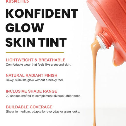 Konfident Glow Skin Tint – Amber Ambition Hydrating Oil-Free Glass-Skin Foundation, Buildable Light-to-Medium Coverage, 30 ml – Inclusive Clean Makeup for Radiant Confidence