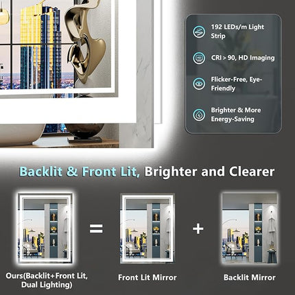 24x32 LED Bathroom Mirror with Lights, Backlit and Front Lit, Anti-Fog Lighted Vanity Mirrors for Bathroom Wall, Dimmable, 3-Color Light, Memory, Shatter-Proof, HD Tempered Glass, CRI＞90