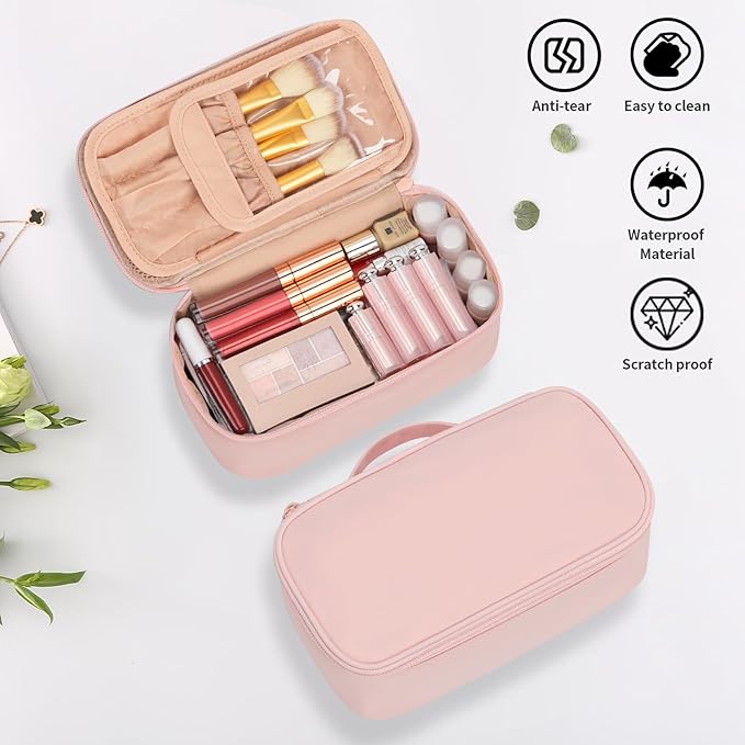 OCHEAL Small Makeup Bag,Portable Cute Travel Makeup Bag Pouch for Women Girls Makeup Brush Organizer Cosmetics Bags with Compartment-Pink