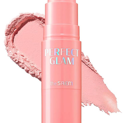 THESAEM Perfect Glam Stick Blusher with Blending Sponge PK01 Pink Fairy - Milky Pink Color Cream Blush Stick Balm for Cheeks - Silky Smooth Formula with Natural Dewy Finish, 0.2oz.