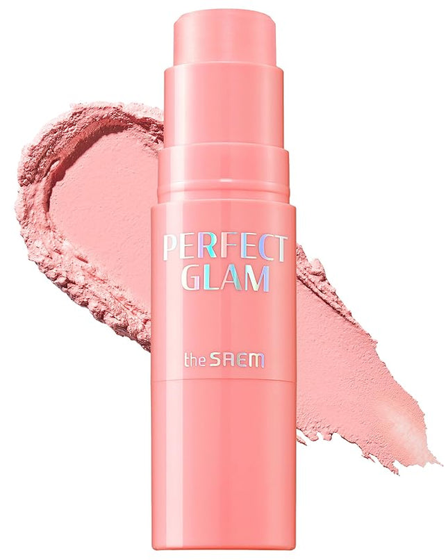 THESAEM Perfect Glam Stick Blusher with Blending Sponge PK01 Pink Fairy - Milky Pink Color Cream Blush Stick Balm for Cheeks - Silky Smooth Formula with Natural Dewy Finish, 0.2oz.