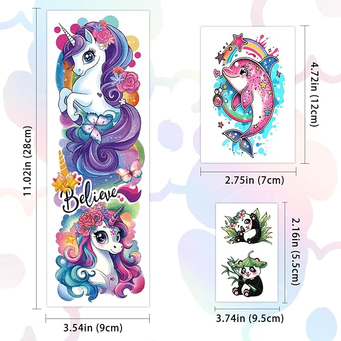 52 Sheets Temporary Tattoos for Kids, Full Arm Sleeve Fake Tattoos for Boys Girls Birthday Party Favors, Waterproof Tattoos with Unicorn Lion Tiger Shark Butterfly Dinosaurs Patterns