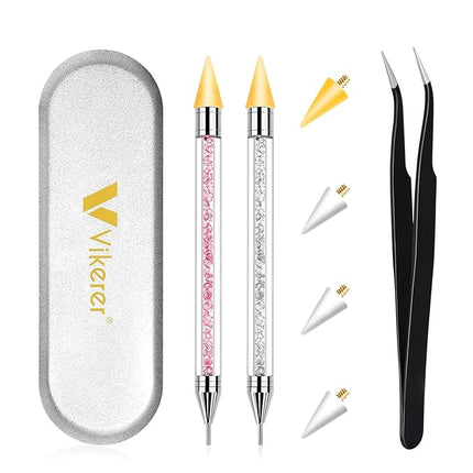 Vikerer Rhinestone Picker Tool, Dual-ended Rhinestones Applicator Nail Art Design Tool, 2 Pack Acrylic Handle Nail Pen with 4 Extra Wax Tips and1 Tweezer