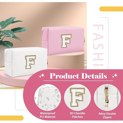 Small Personalized Initial A-Z Preppy Patch Makeup Bag,White PU Chenille Letter Travel Cosmetic Pouch with Zipper,Cute Toiletry Bag,Gift Ideal for Teen Girls Women Teacher Bridesmaid,Letter F