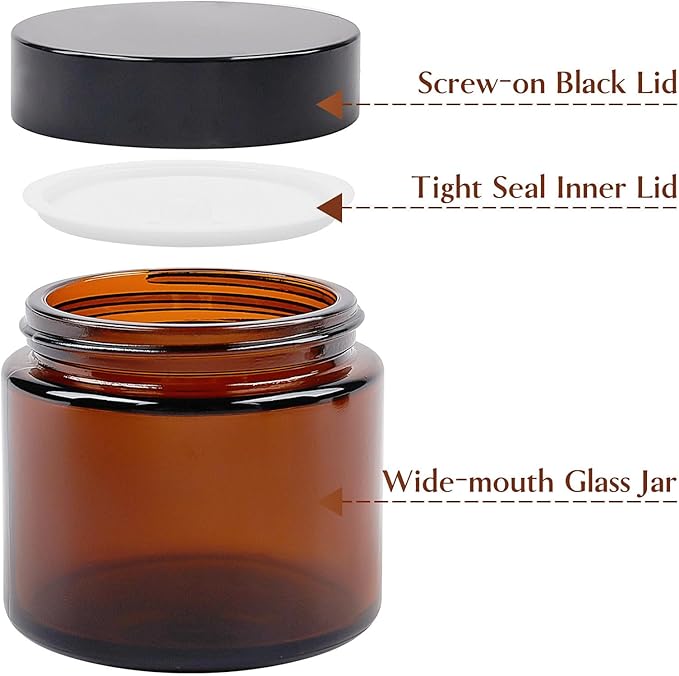 TUZAZO 2 Oz Thick Amber Round Glass Jars with Inner Lids and Black Lids, 12 Pack Small Empty Candle Making Jars/Cosmetic Containers for Lotions, Creams, Body Butters, Essential oil Beauty Products