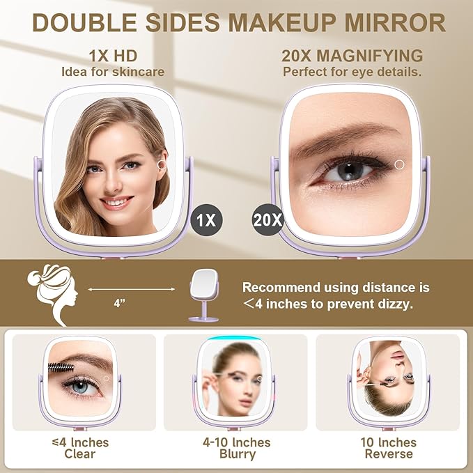 Mocado Makeup Mirror with Lights, 1X/20X Magnifying Mirror with Light, Vanity Mirror with 3 Colors Lights, Height Adjustable Lighted Makeup Mirror, Double Sided 360°Rotation, Memory Function (Purple)