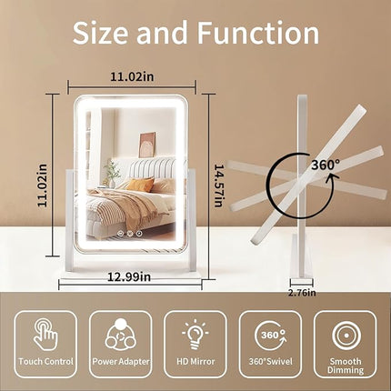 ROLOVE Vanity Mirror with Lights 13x16 Inch, Smart Touch Control, 3 Color Lighting Modes, Table Top Mirror with Stand for Bedroom