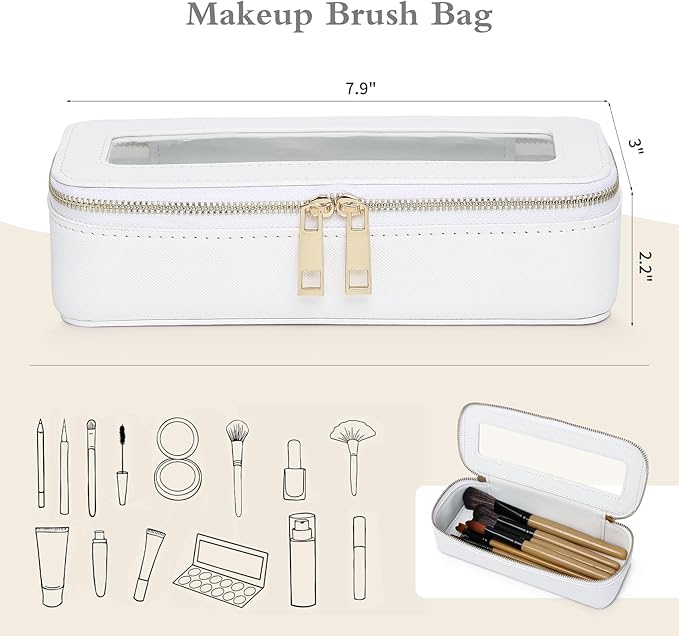 Pinkmik Makeup Brush Case Clear Travel Cosmetic & Toiletry Bag Small Makeup Bag with Zipper Purse Organizer Car Essential Bag for Women (White, SLIM)