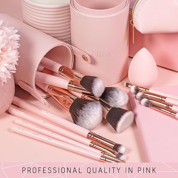 Niré Beauty 15piece Award Winning Pink Makeup Brushes: Pink Makeup Brush Set with Case, Makeup Sponge, Brush Cleaner, Guide, Gift Box