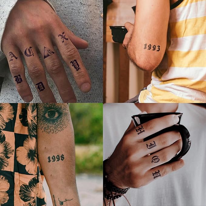 Gothic Letters & Numbers Temporary Tattoos – Customizable Alphabet & Date Fake Tattoos for Hand, Neck, Knuckles & Arm, Realistic & Long-Lasting Black Ink