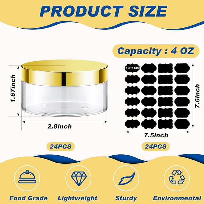 Dandat 24 Pcs 4 oz Plastic Jar Container with Lid and Label Refillable Empty Round Clear with Gold PET Cosmetic Sample Containers for Lotion, Cream, Ointments, Body Butter, Makeup, Travel Storage