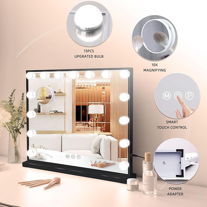 Fenair Vanity Mirror with Lights 22.8"x 18.1" Makeup Mirror with Lights and 15 Dimmable Bulbs,3 Colors Modes,Hollywood Mirror with USB Charging Port and 10X Detachable Magnification Mirror（Black）
