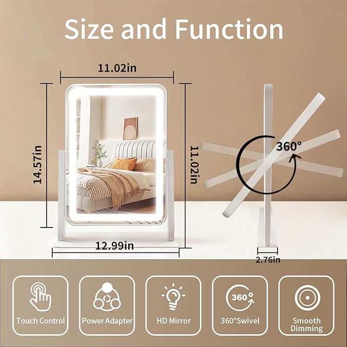 Vanity Mirror with Lights 11x15 Inch, Smart Touch Control, 3 Color Lighting Modes, Table Top Mirror with Stand for Bedroom