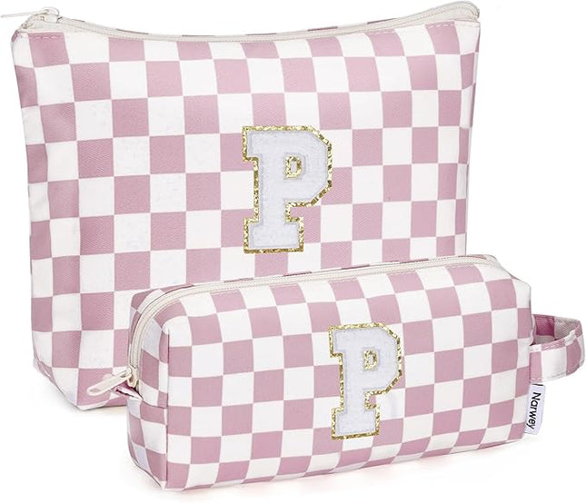 Narwey 2 PCS Valentines Day Gifts for Her Girlfriend Women Personalized Initial Makeup Bag, Teen Girls Gifts Trendy Stuff 10 11 12 14 13 15 16 Years Old, Travel Toiletry Bags Cosmetic Bag (P)