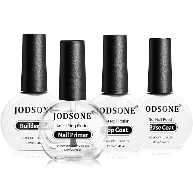 JODSONE 4 Bottle 10ML Nail Primer Base Coat Top Coat and Builder Gel Glossy Durable Long Lasting Gift for Girls at Home Salon Design