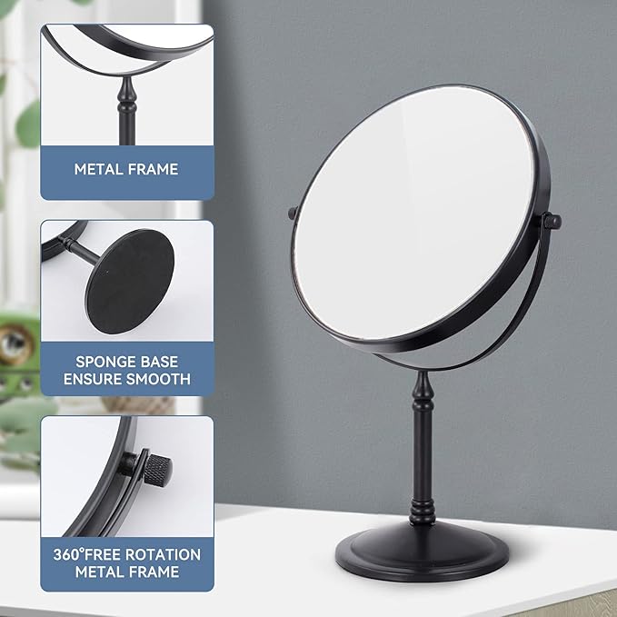 DOWRY Makeup Mirror 10x Magnification Vanity Mirror Tabletop Two-Sided Swivel Matte Black(10X)