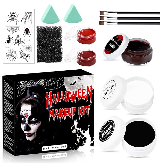 Halloween Face Paint - 12 Pcs Zombie Makeup Kit, Oil Based Black, White, Red Body Painting, Fake Blood Paste for Art, Cosplay, Dress Up Party