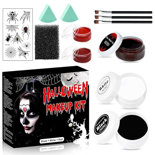 Halloween Face Paint - 12 Pcs Zombie Makeup Kit, Oil Based Black, White, Red Body Painting, Fake Blood Paste for Art, Cosplay, Dress Up Party