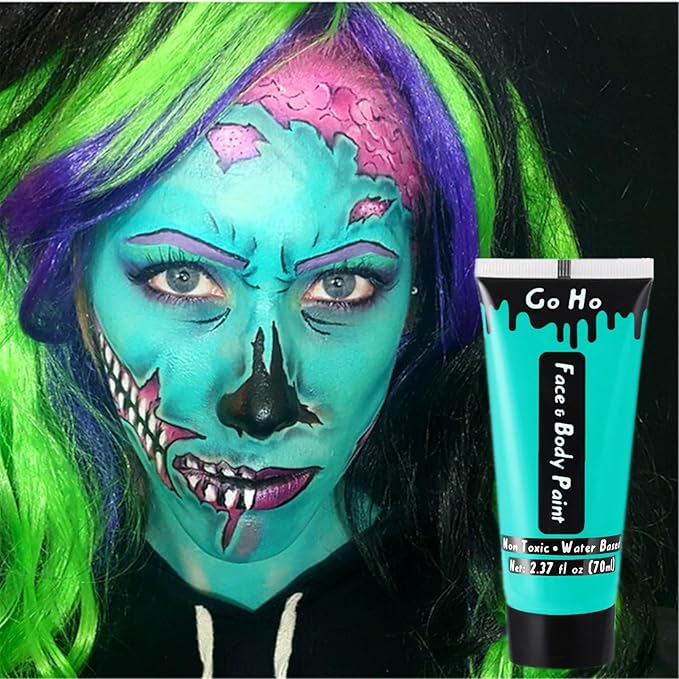Go Ho Teal Face Body Paint Washable(2.37oz/pc),Water Based Cream Face Paint,Teal Body Paint for SFX Cosplay Costumes Festivals Halloween Makeup