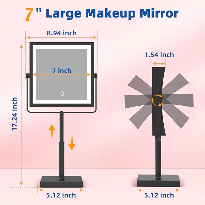 Ruacq Vanity Mirror with Lights, Height & Brightness Adjustable, Rechargeable 4000mAh Lighted Makeup Mirror with Magnification 1X/10X, 3 Color Lights & 360° Rotation (Matte Black-Table)