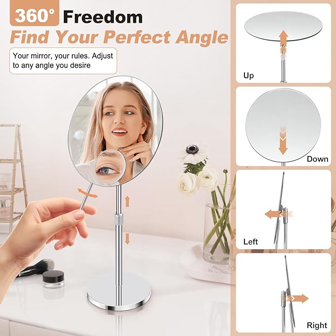 8" HD Vanity Mirror with Swivel & Adjustable Height (13-18"), Bonus 10X Magnifying Suction Cup Makeup Mirror for Precision Grooming & Shaving, Chrome Finish for Tabletop & Bedroom（No Light）