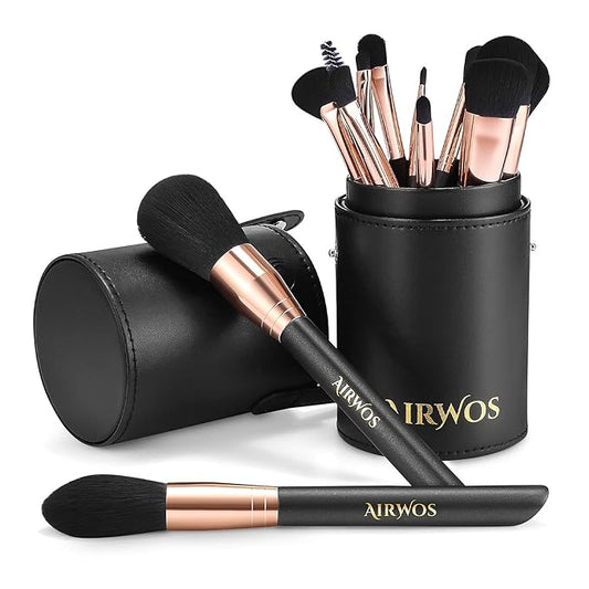 AirWos® 14 Pcs Professional Makeup Brush Set with Case - Synthetic Foundation, Powder, Eyeshadow, Concealer Brushes with Pearl Flash Handles