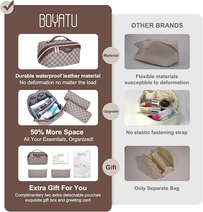 BOYATU Travel Makeup Bag Cosmetic Bags for Women: Large Make up Bags Set of 3 - Portable Makeup Organizer with Compartments&Handle&Divider - Waterproof PU Leather Toiletry Bag(02-Light Brown)