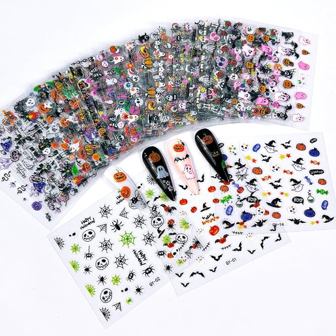 30 Sheet Halloween Nail Art Stickers Decals Cute Ghost Pumpkin Design Spider Web Scary Eyes Acrylic Nails Supplies for Women Manicure Decorations