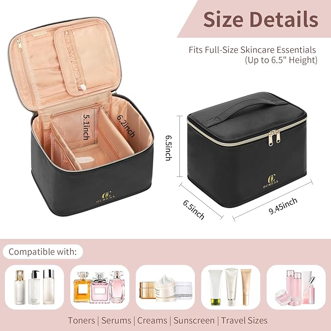 OCHEAL Travel Makeup Bag, Cosmetic Bags for Women Makeup Case Organizer Large Capacity Travel Toiletry Bag Storage Bags with Divider and Handle for Cosmetics Toiletries Brushes Tools-Large, Black