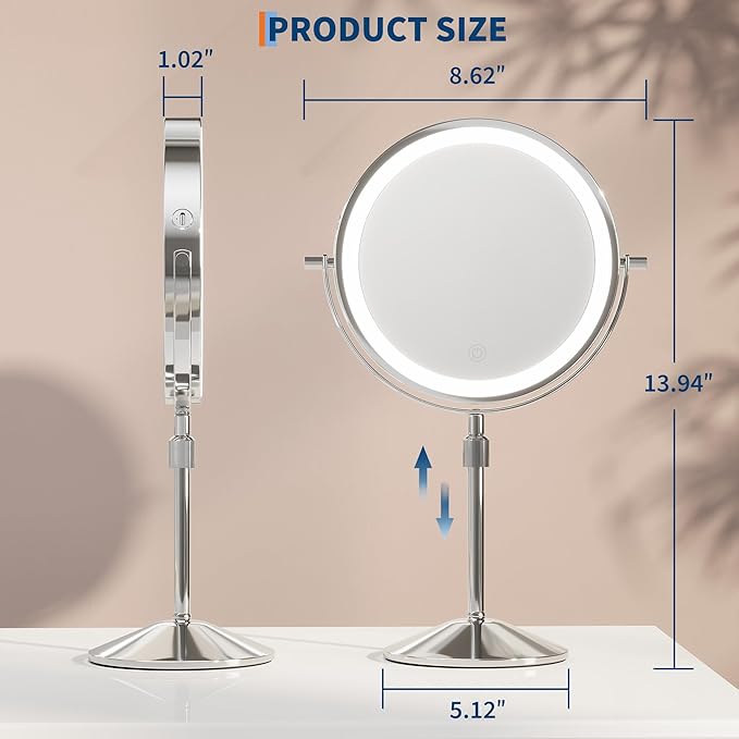 Garvee Lighted Makeup Mirror, Rechargeable Height Adjustable Double Sided Vanity Mirror, 1x/10x True HD Magnifying, Brightness Adjustable, Three Colors, 360° Rotation Vanity, Gift for Women, Chrome