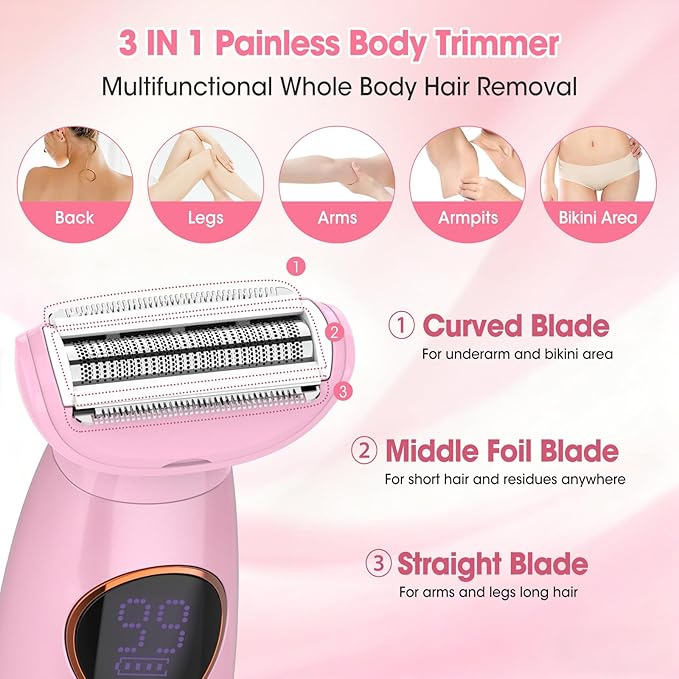 5 in 1 Bikini Trimmer for Women,IPX7 Waterproof Cordless Replaceable Pubic,Eyebrow,Facial Electric Razors&Nose Hair Trimmer&Painless Body Shaver for Arms Legs Underarms,USB Charge,LED Display,Wet&Dry