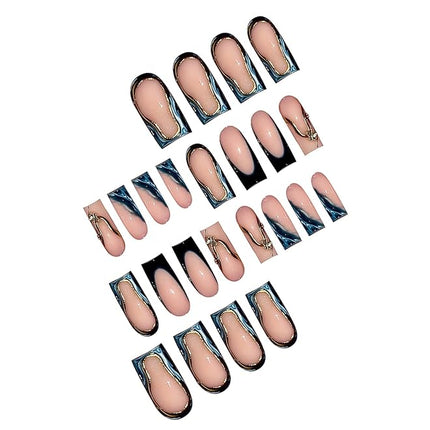 RUOKEXIN Long Square Press on Nails French Tip Fake Nails Gold Ombre False Nails with Designs Sparkly Artificial Nails Long Nail Press ons Cute Stick on Nails for Women 24Pcs