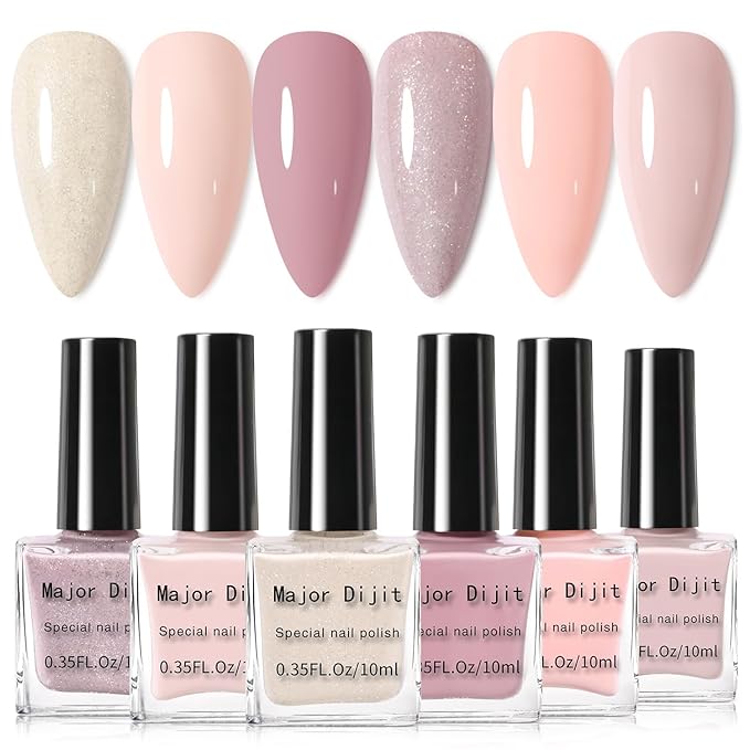 DouborQ 6 Colors Pink Nude Nail Polish Set Skin tone Finger Nail Polish Bulk Manicure Nail Art Home Salon Long-lasting Sequins Nail Art Varnish (7-12)
