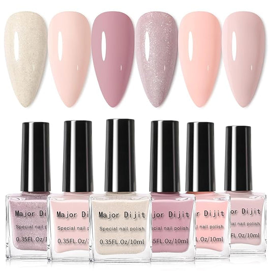 DouborQ 6 Colors Pink Nude Nail Polish Set Skin tone Finger Nail Polish Bulk Manicure Nail Art Home Salon Long-lasting Sequins Nail Art Varnish (7-12)